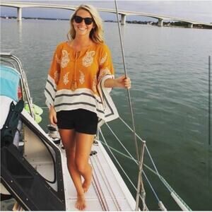 Anthropologie Floreat golden yellow embroidered striped kimono top size XS